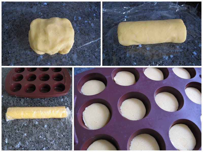 rolling the buttery dough into a sausage shape, chilling then cutting into disks that fit into muffin moulds