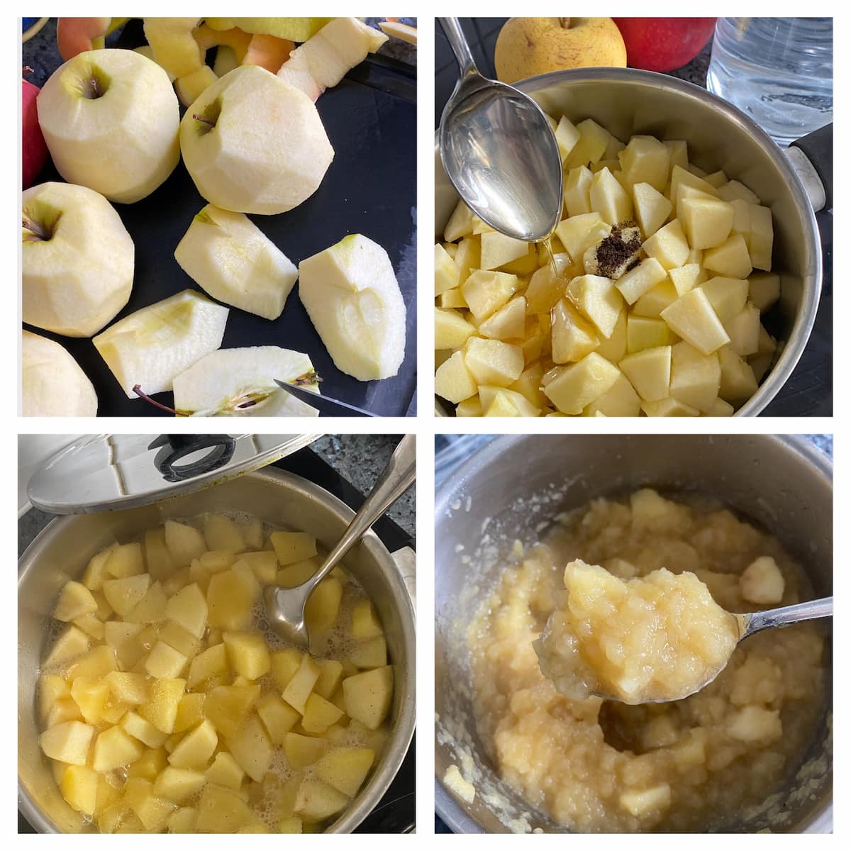 steps shown how to stew apples into a sauce