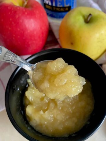 bowl of chunky apple compote, with a spoonful showing the specks of vanilla in it