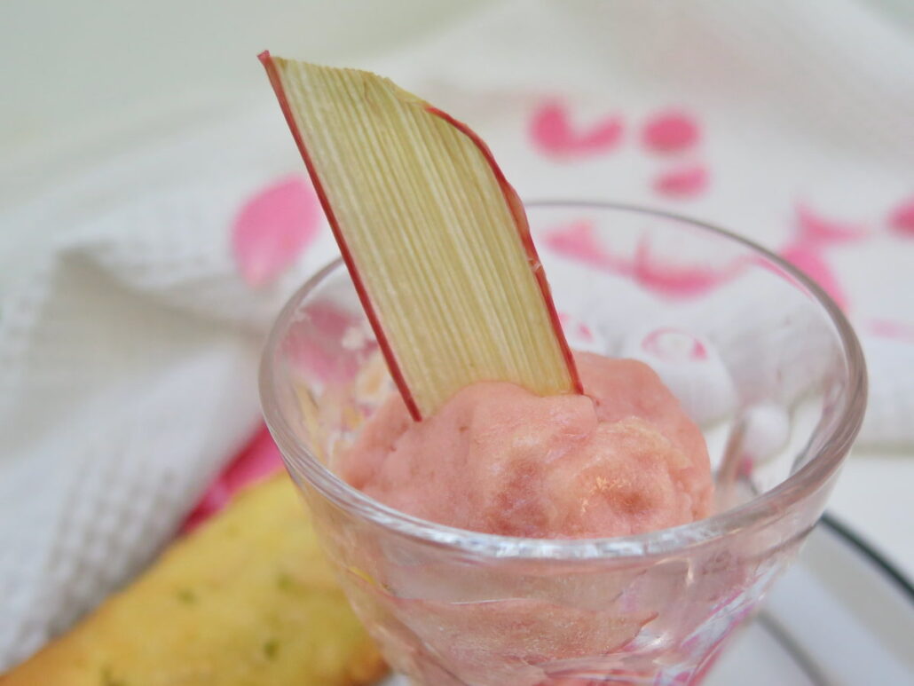 slice of dried rhubarb sticking out of a glass of sorbet