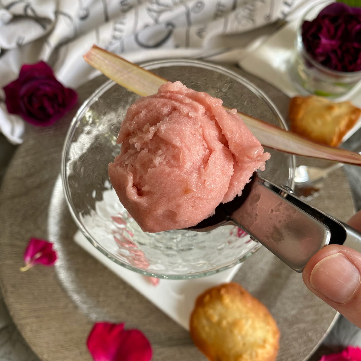 scoop of sorbet looking like a rose