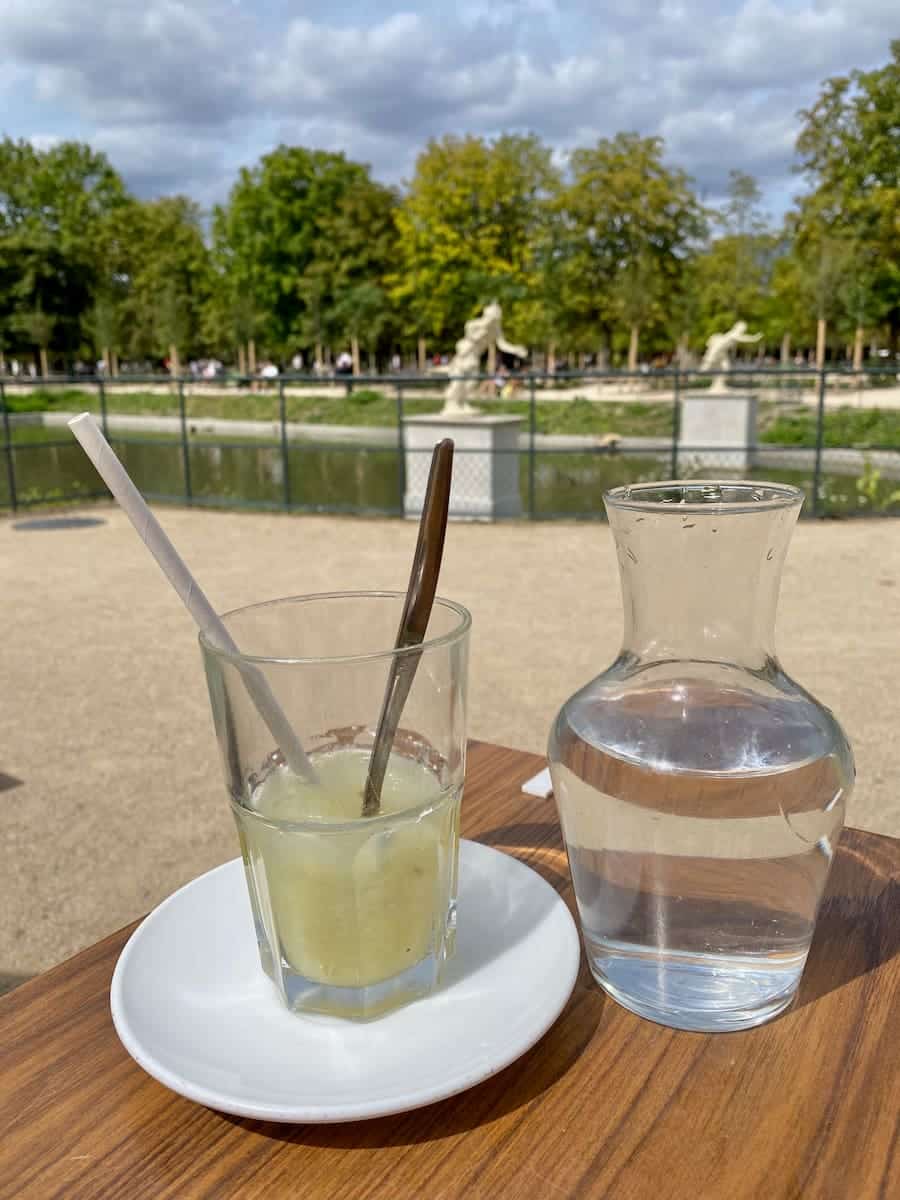 glass of squeezed lemon juice with a carafe of water in the Tuileries garden