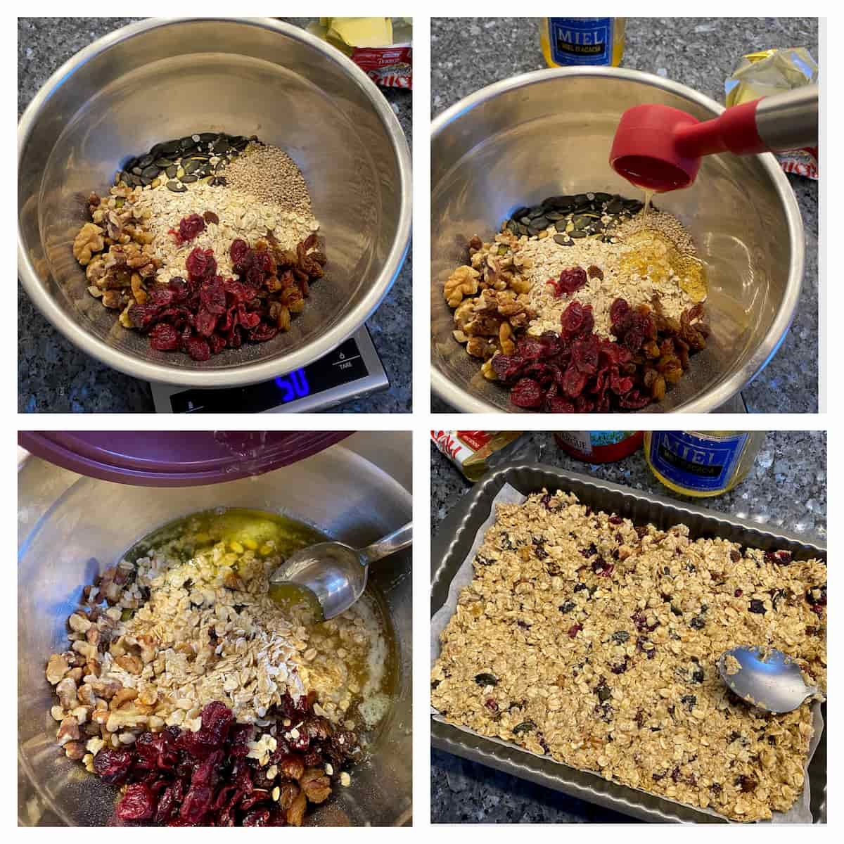 step by step method of mixing ingredients to make flapjacks and spread out on a baking sheet