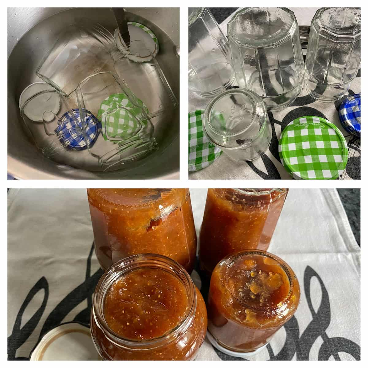 jam jars sterlising in boiling water then upturned filled jam pots