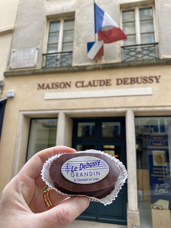 Saint-Germain-en-Laye's chocolate and pastry speciality outside, known as the Debussy, just opposite the composer's museum