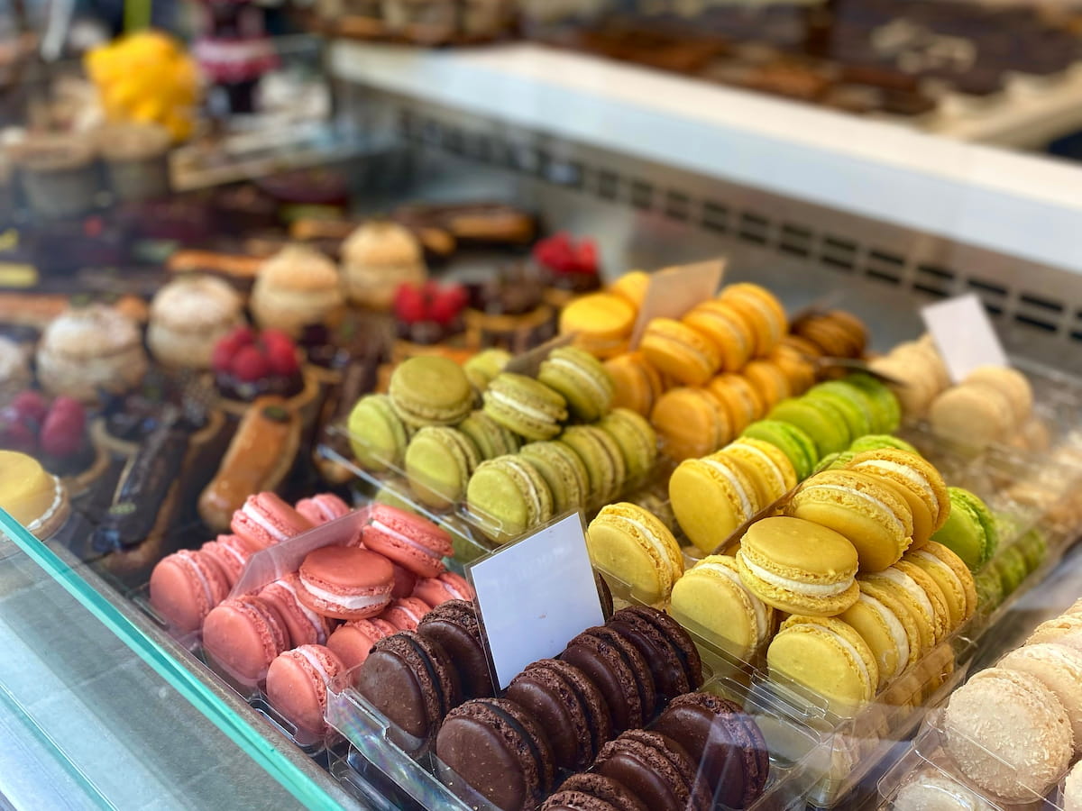 macarons in French chocolate shop window