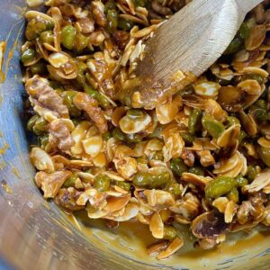 stirring up nuts and caramel