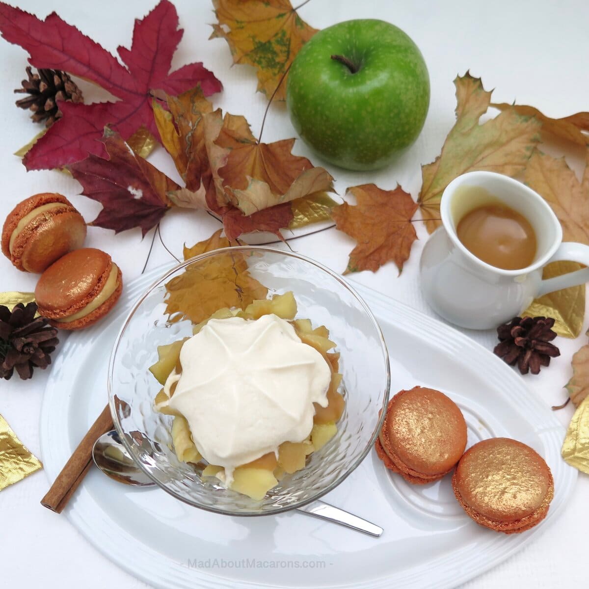 autumn leaves, caramel sauce, apple, macarons and trifle