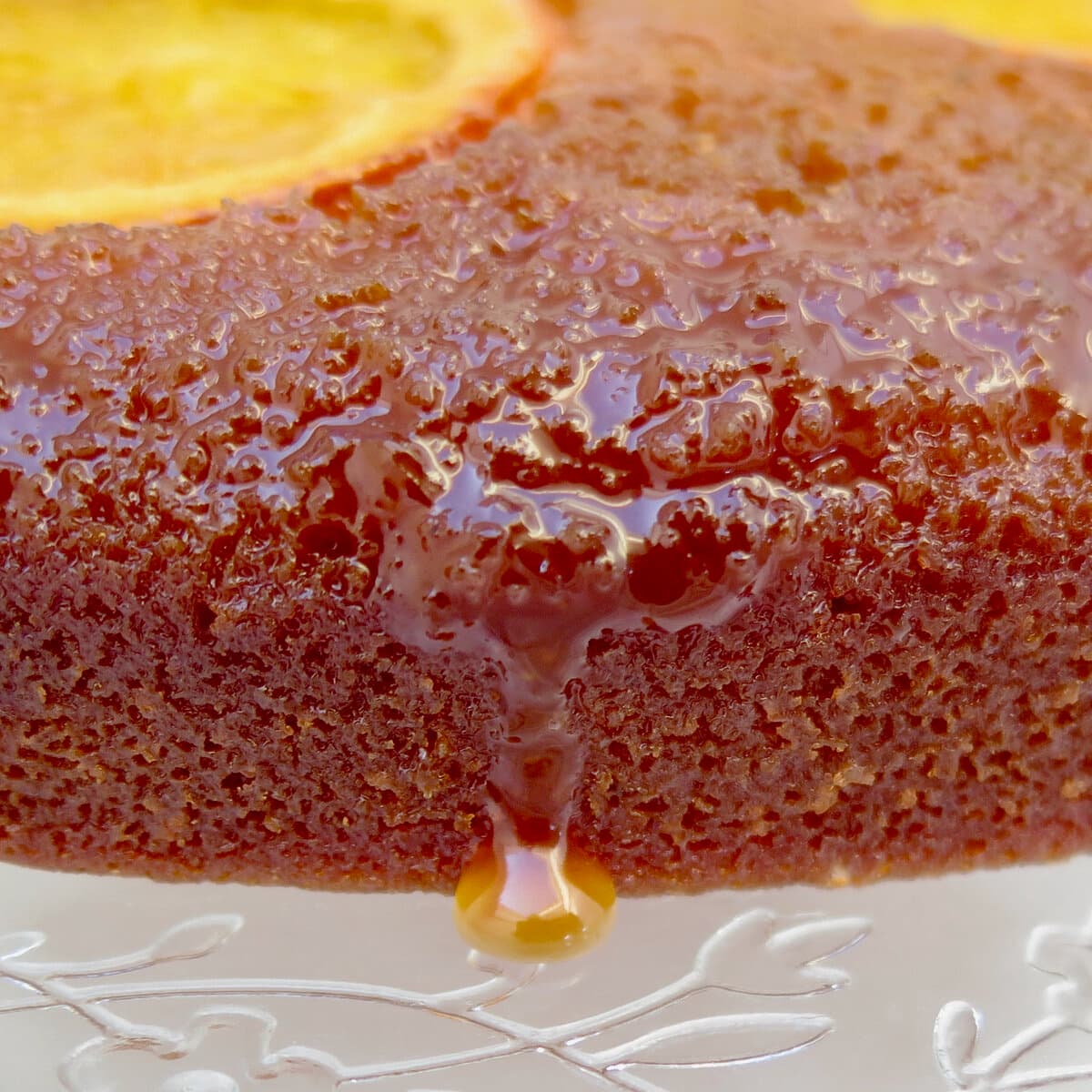 caramel oozing out of an orange cake