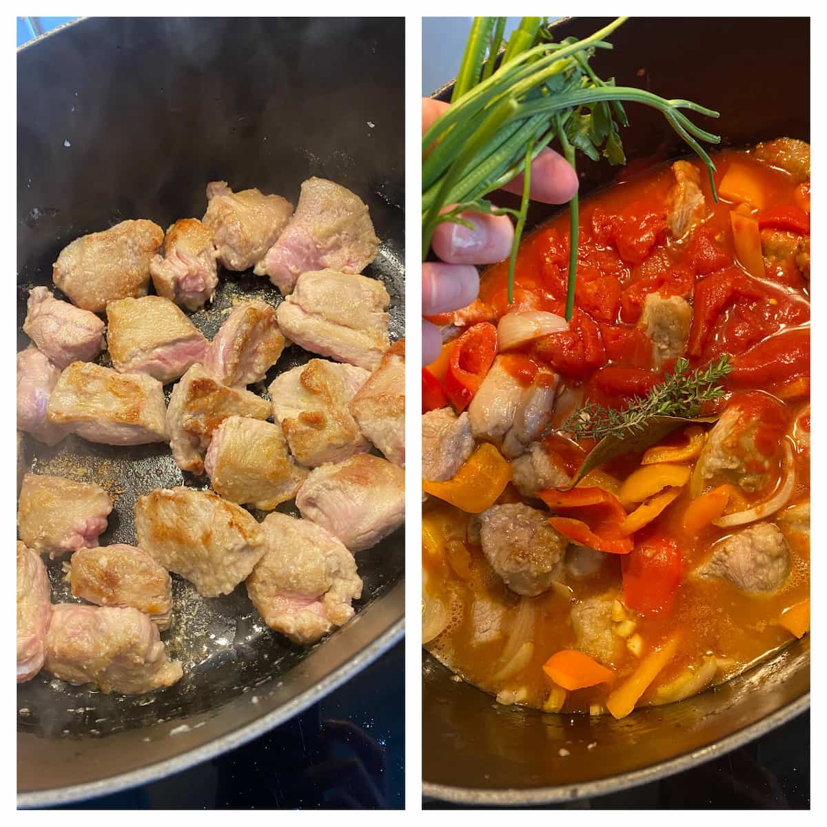 browning veal pieces in a crock pot then adding tomatoes, vegetables and herbs