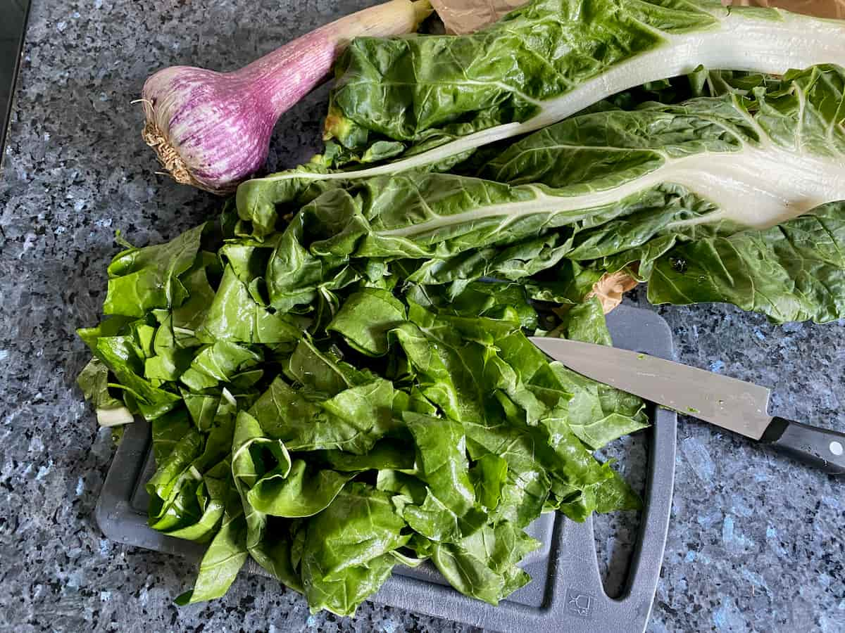 chopping fresh green chard