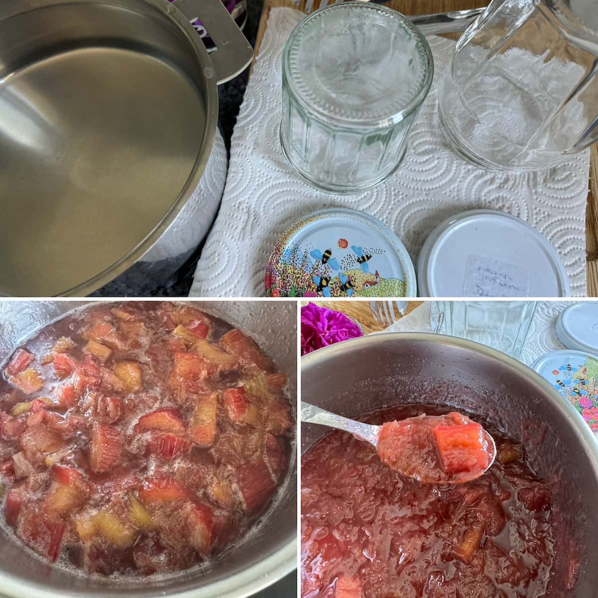 sterilising jars in boiling water, simmering rhubarb and sugar with lemon juice after maceration