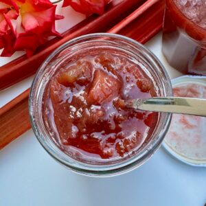 best rhubarb jam recipe, low in sugar, a hint of rose and packed with more flavour