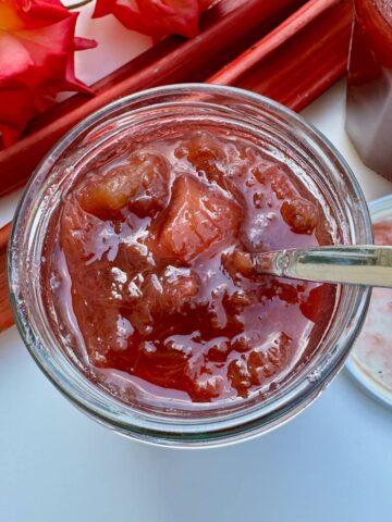 best rhubarb jam recipe, low in sugar, a hint of rose and packed with more flavour