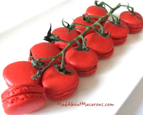 cherry tomato macarons with a fun presentation on the vine