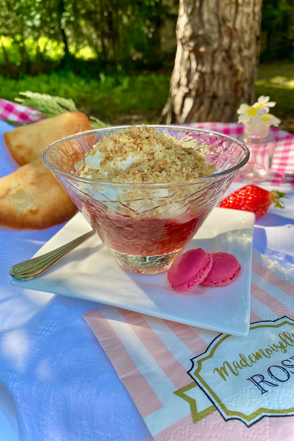 strawberry rhubarb crunchy crumble with rose