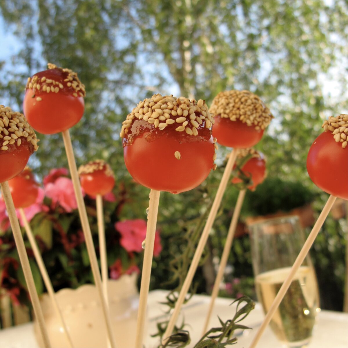 cherry toffee tomatoes on skewers