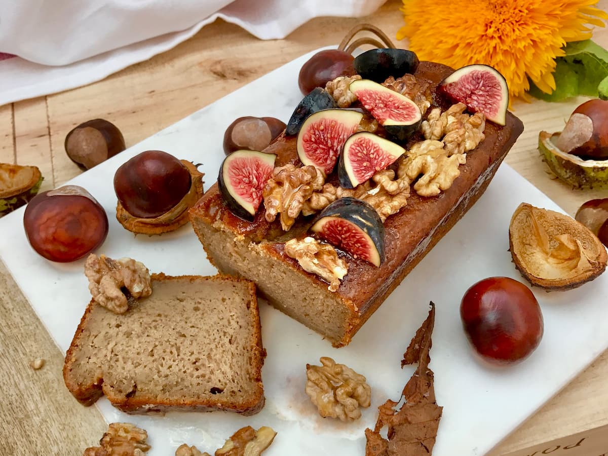 slice of banana bread and topped with fresh figs and walnuts