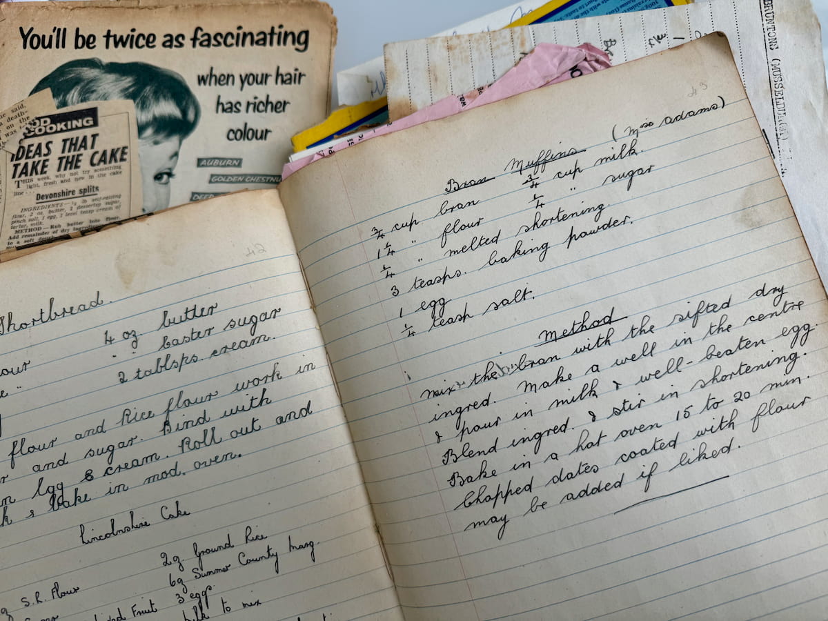 My Scottish granny's old fashioned recipe for bran muffins, hand-written in her notebook