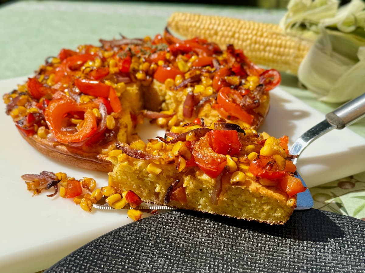 cheese cornbread with corn, bell pepper and red onion