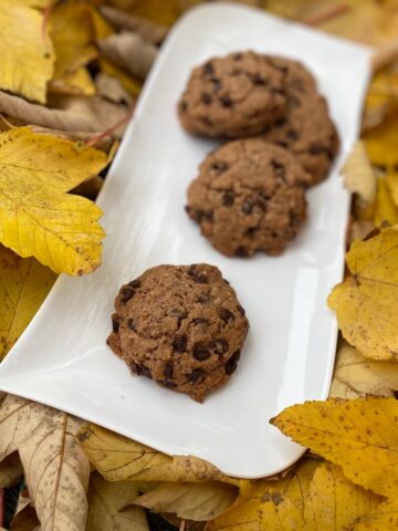 chocolate chip cookies in golden autumn leaves