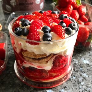 macaron berry trifle with red blue fruits