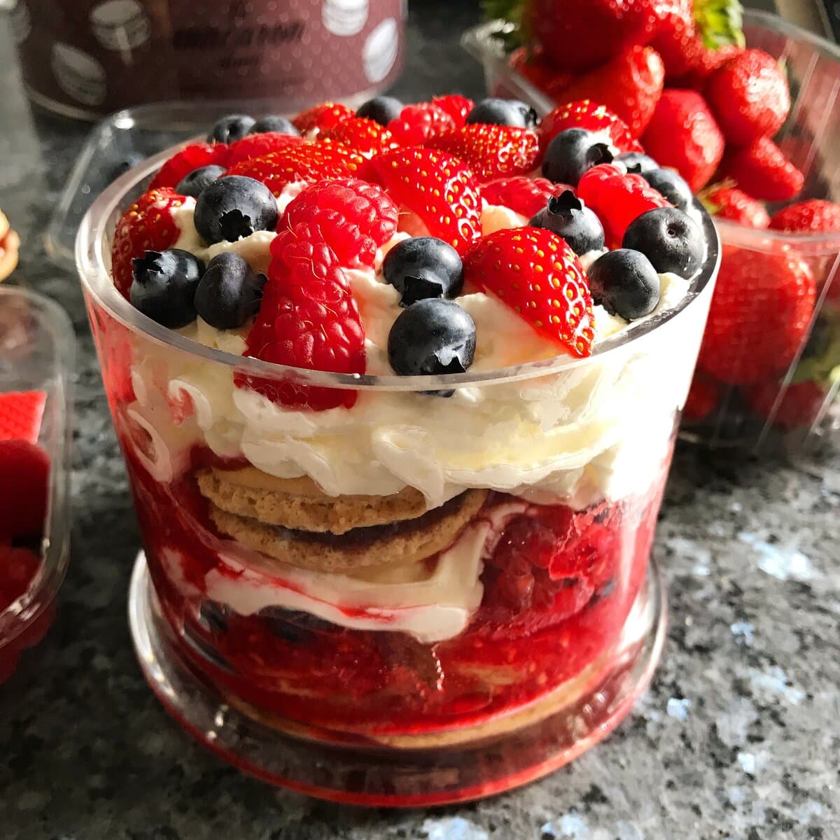 macaron berry trifle with red blue fruits