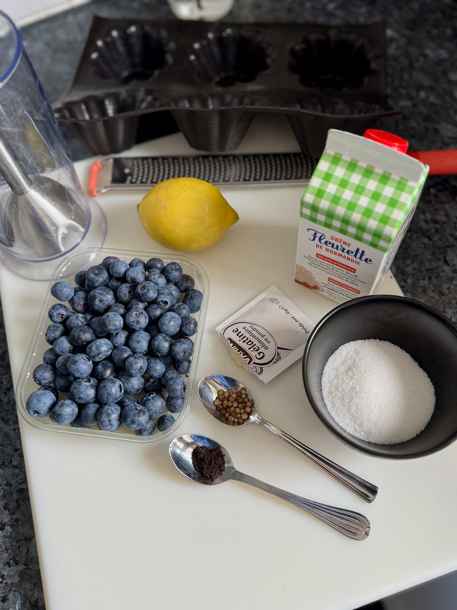 ingredients to make a bavarian cream - recipe made easy with gelatine, blueberries and lemon 