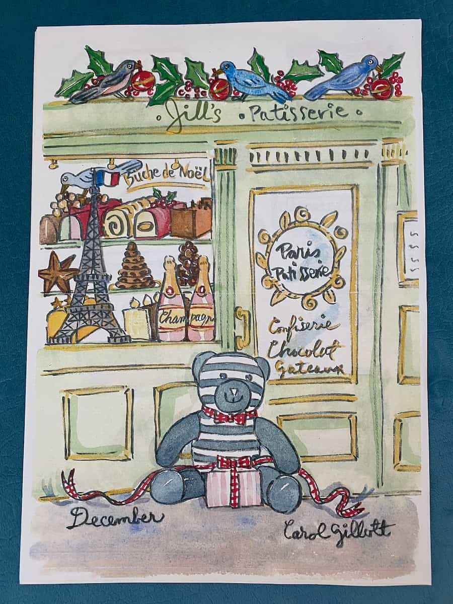 Paris painting of a patisserie by watercolour artist Carol Gillott