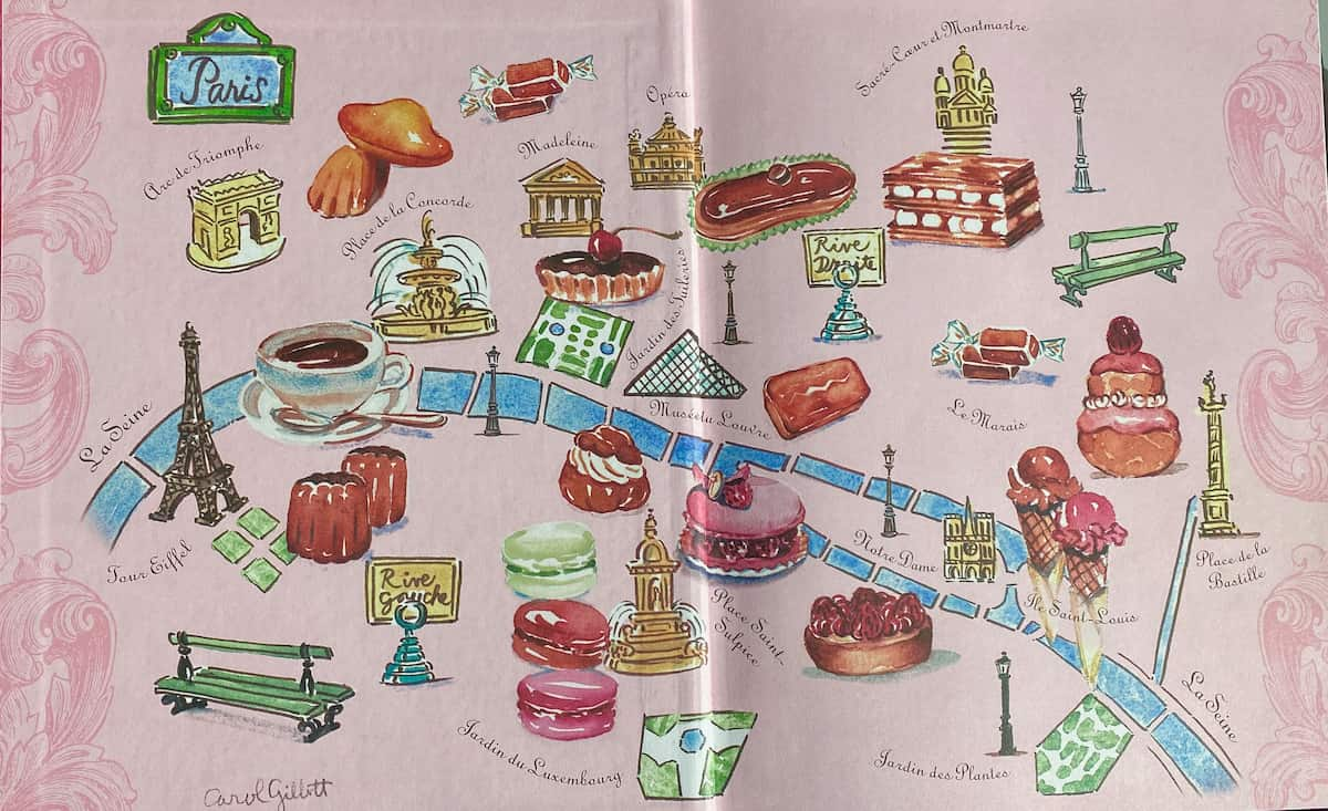 colourful map of Paris with cakes, macarons and Parisian landmarks