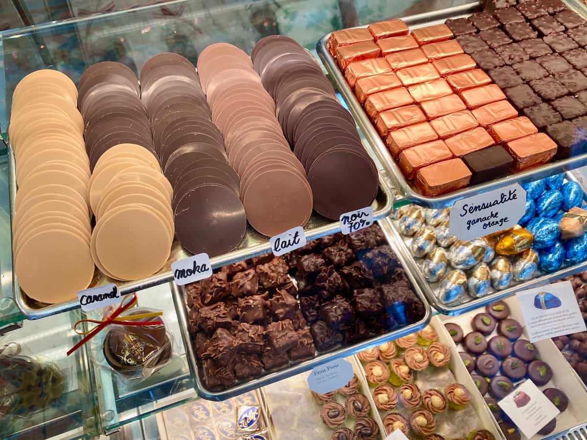 rows of chocolates in France's most famous chocolate store
