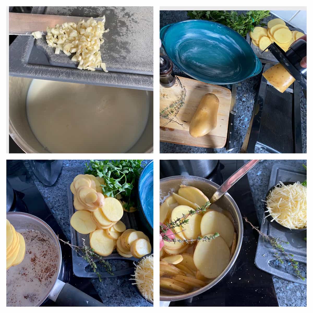 4 steps in making a potato gratin with cream and chopped garlic