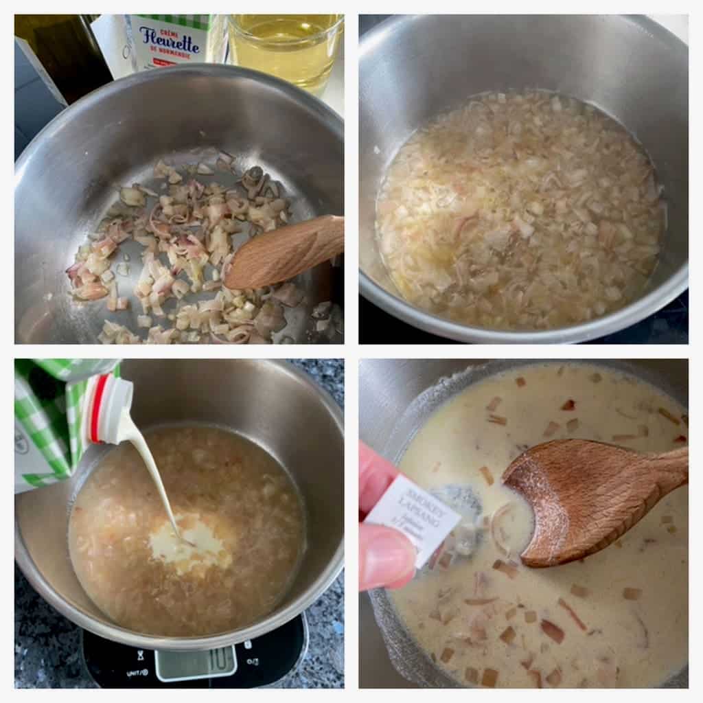 frying shallots in butter, adding vinegar, wine and cream