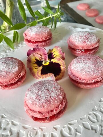 pink macarons on white plate and pink pansy with lemon verbena plant