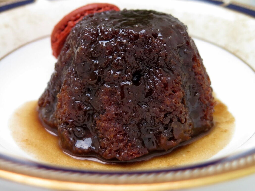 sticky toffee pudding with macaron shell