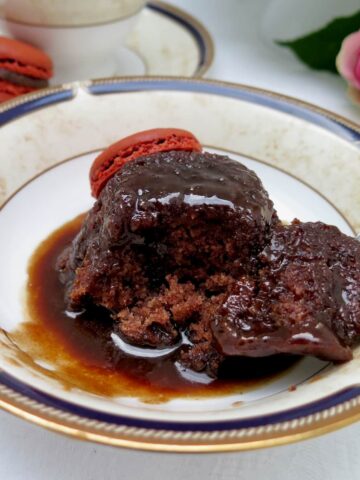 lush pudding in a pool of dark toffee sauce