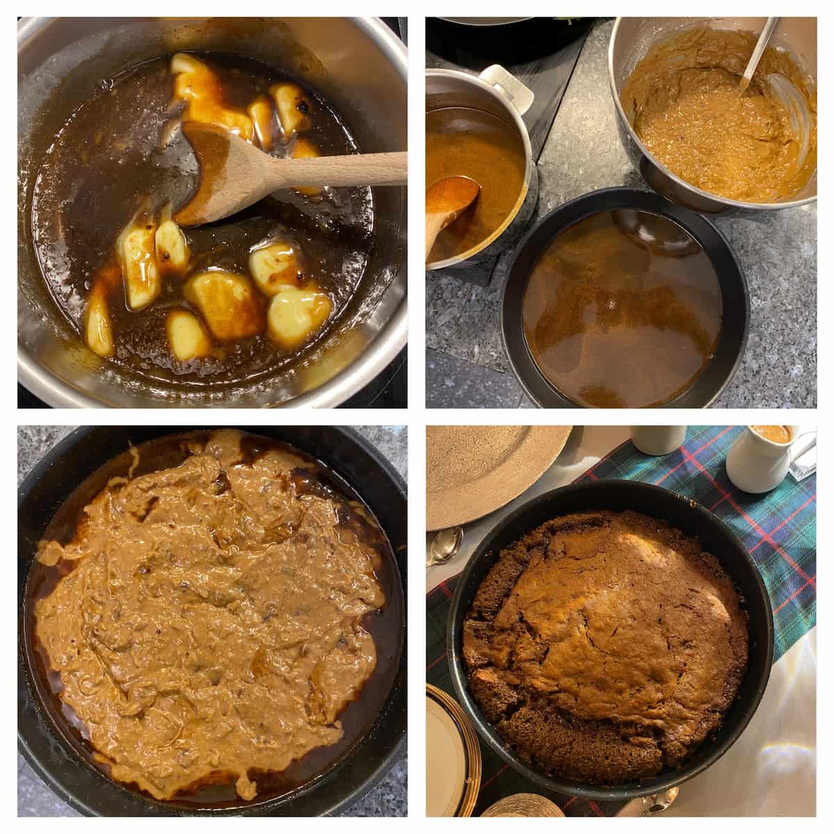 steps in making a toffee sauce and adding it to cake batter