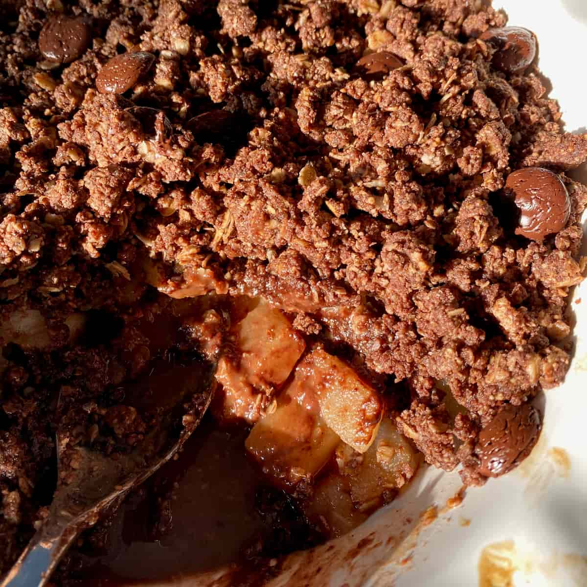 baking dish with chocolate crumble