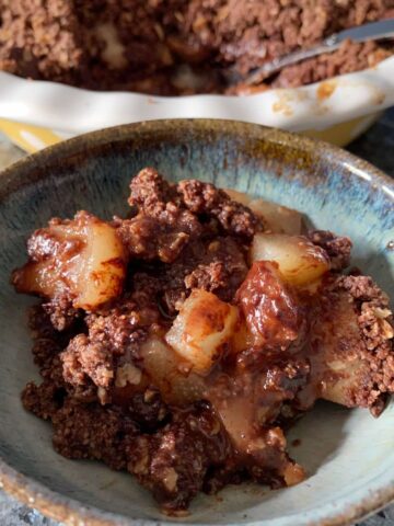 bowl of pear crumble with chocolate