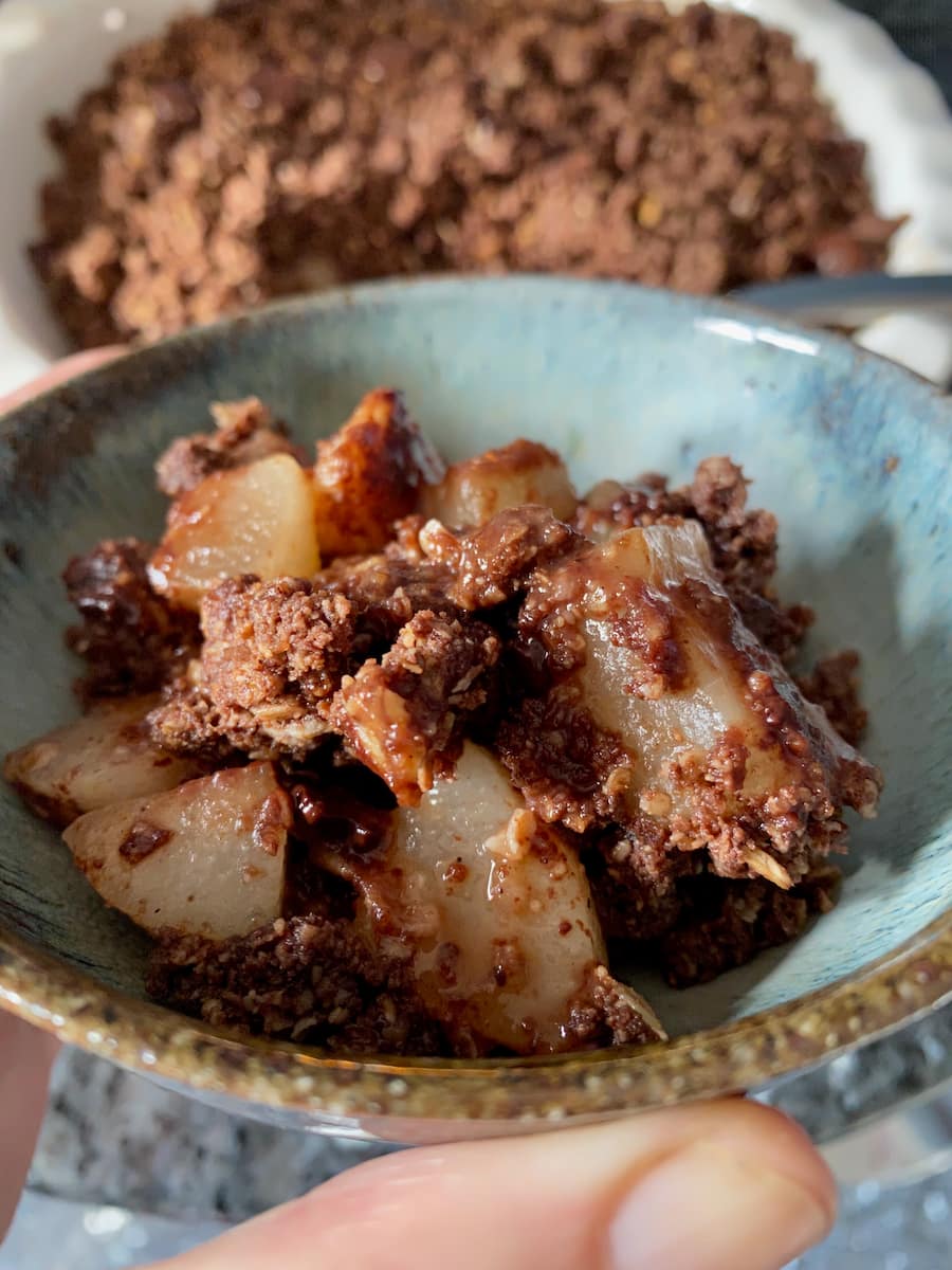 bowl of pear and chocolate crumble