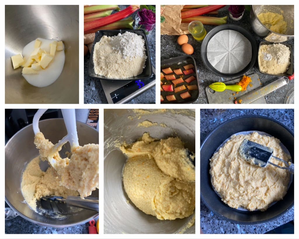 step by step images of making rhubarb cake batter
