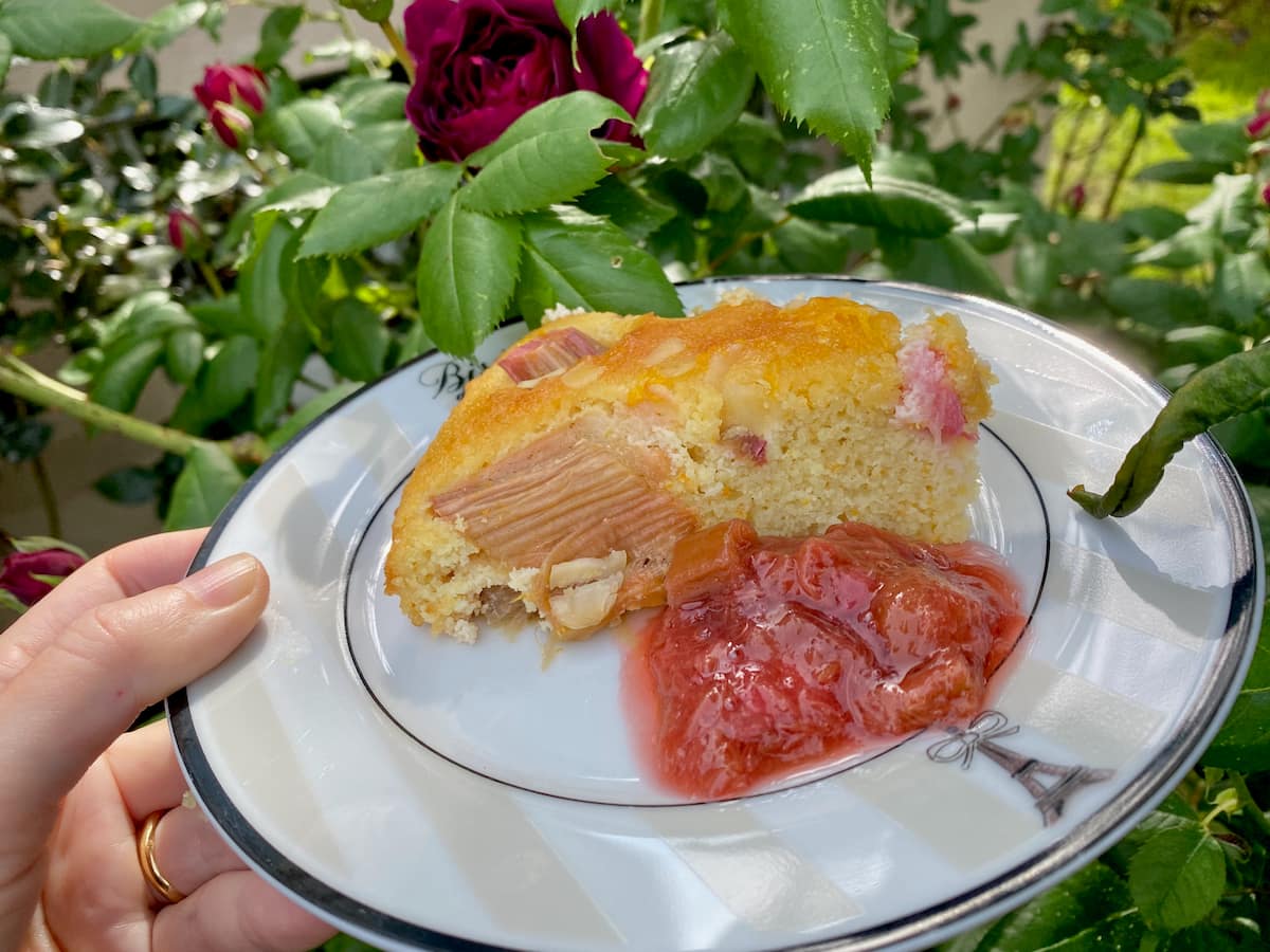 slice of rhubarb cake with a side of rhubarb compote