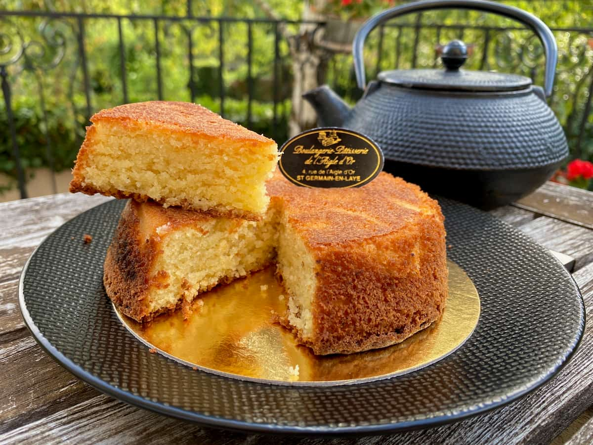 slice of almond cake with teapot