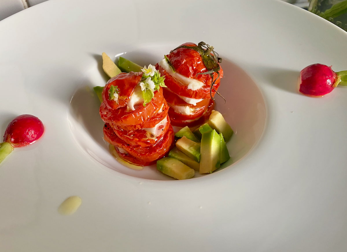 roasted tomatoes and mozzarella in large dish with radishes