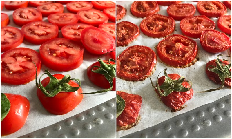 showing slices of tomato on a tray then after roasting in the oven