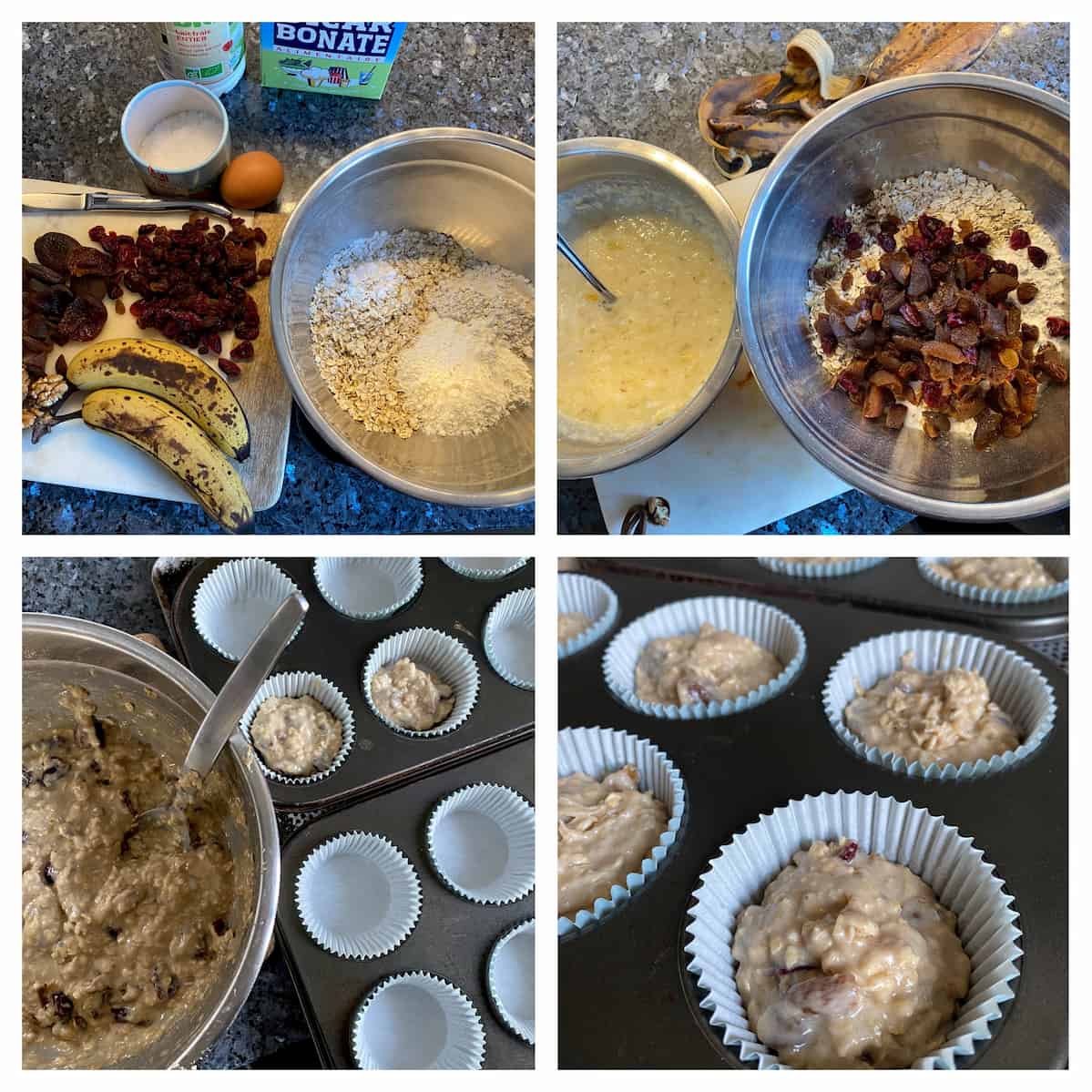 making muffins by mixing wet and dry ingredients together in separate bowls then pouring mixture into muffin cases