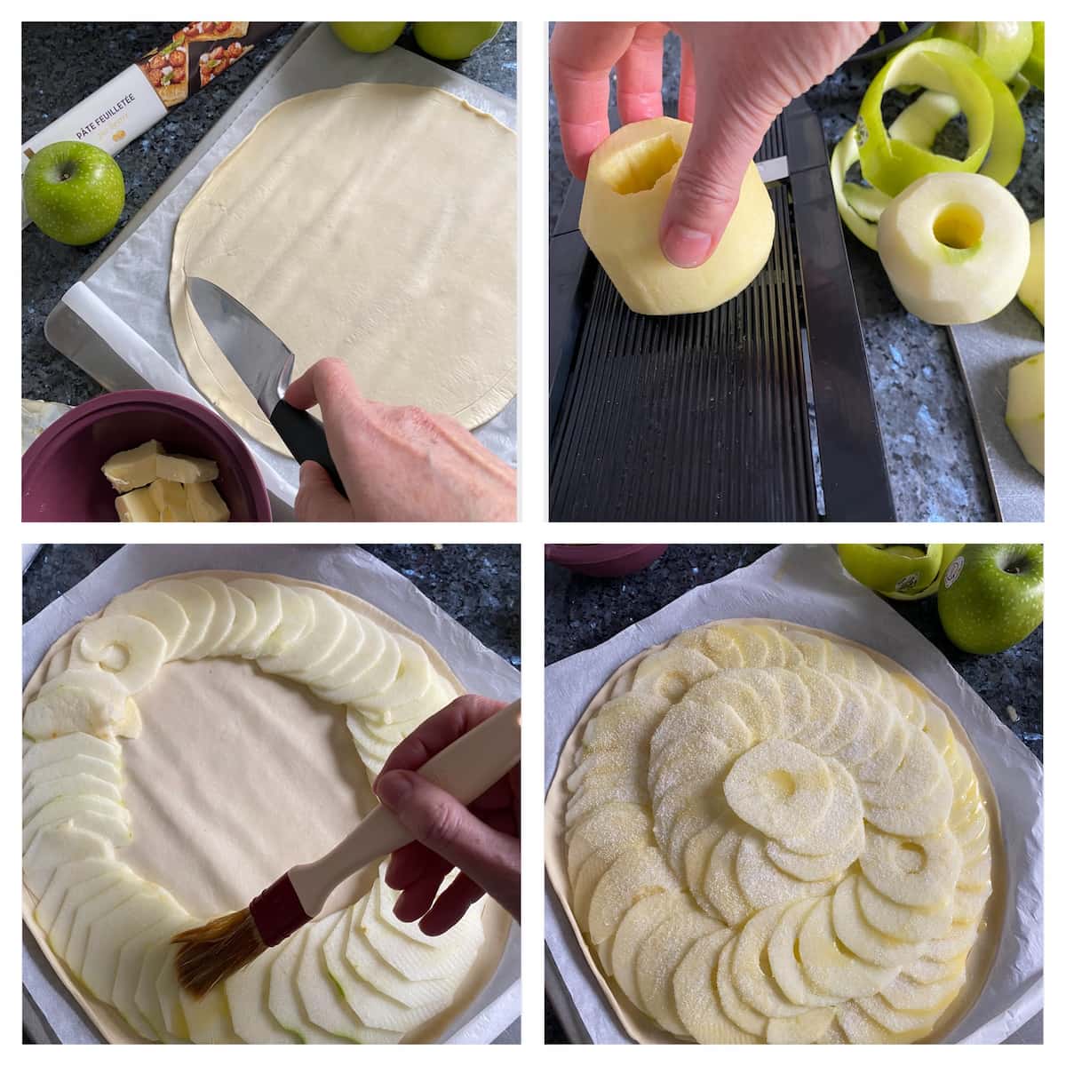 preparing thin apple slices on a round of puff pastry