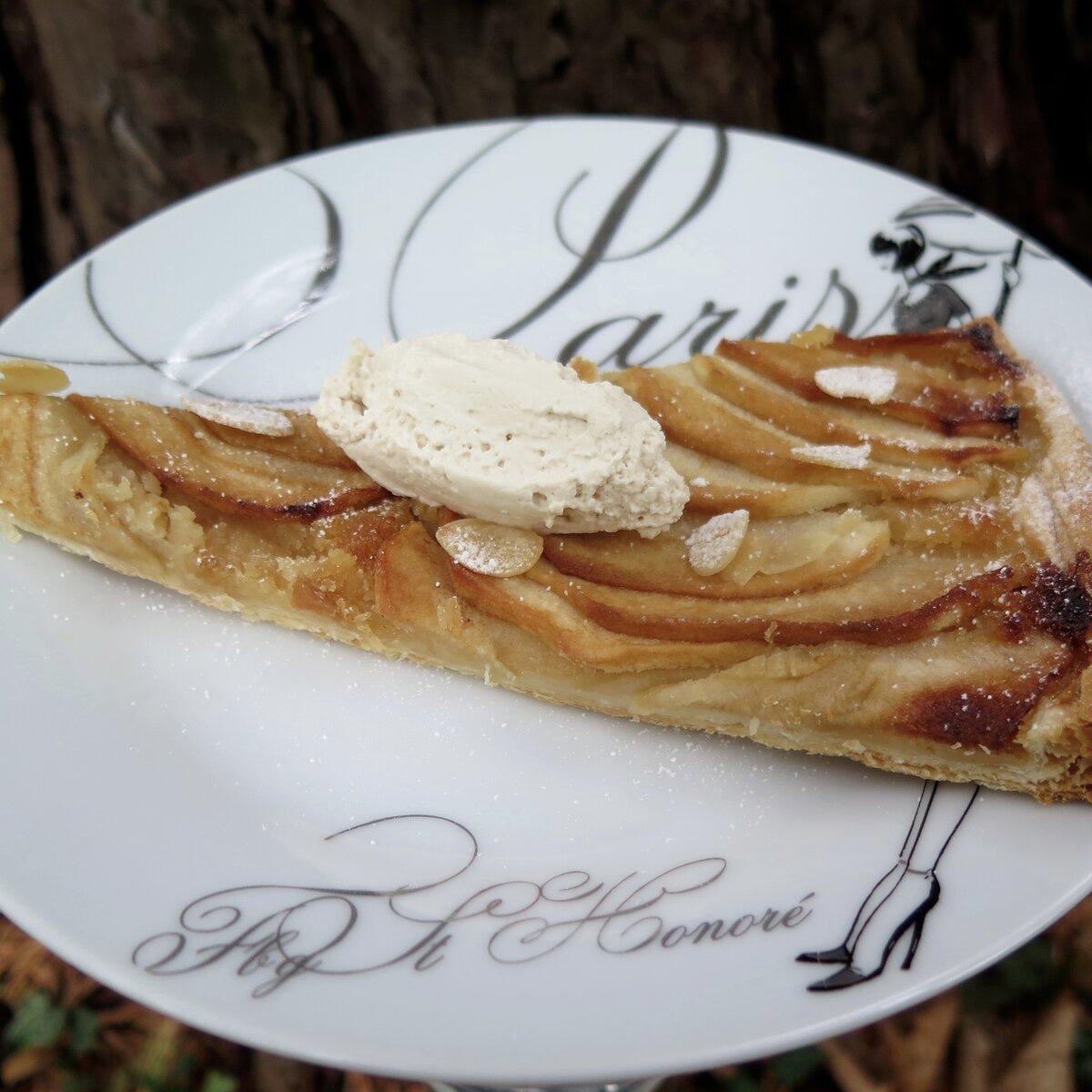 slice of apple tart with a dollop of cream on Paris plate autumn