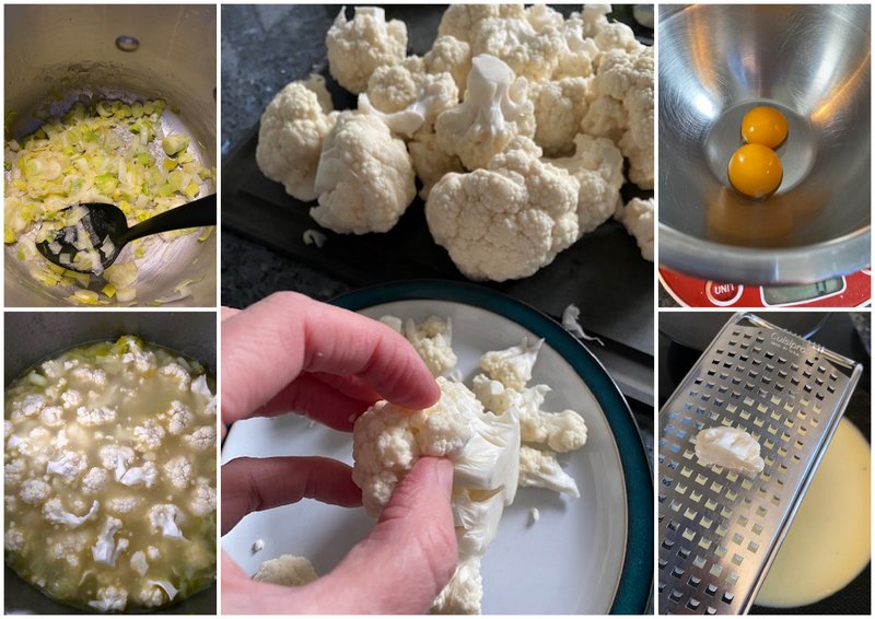 preparing French cauliflower soup with 2 egg yolks at the end of cooking and grating the vegetable as a garnish