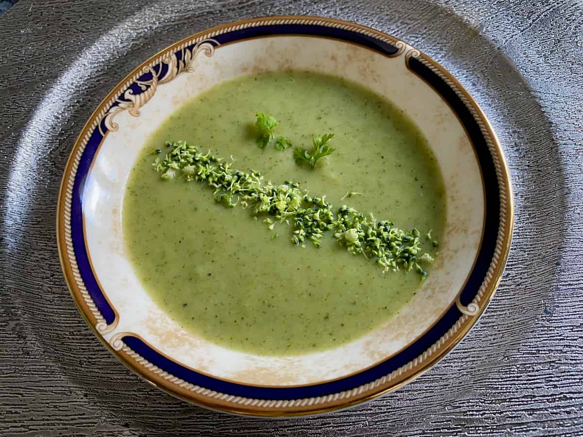 bowl of soup garnished as a Dubarry but made with broccoli